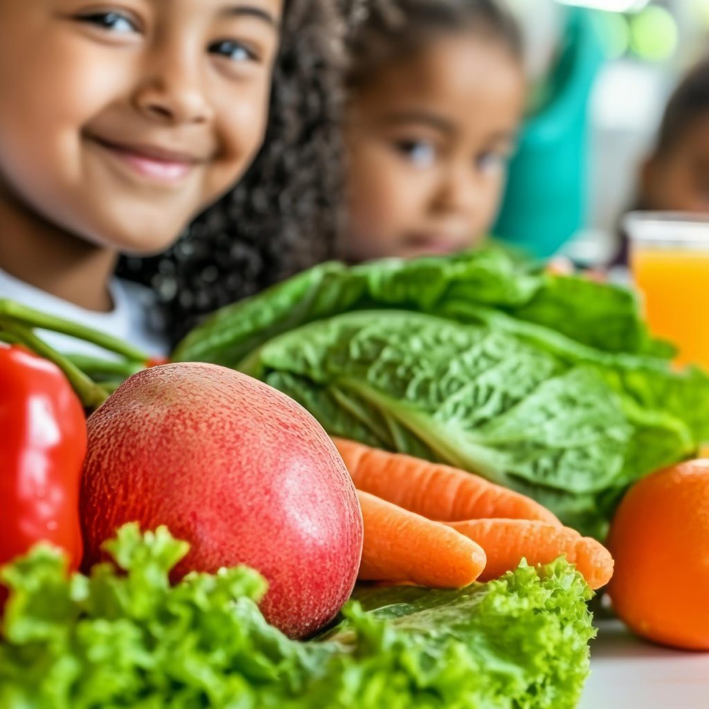 Fröhliche Kinder hinter allerlei Gemüse